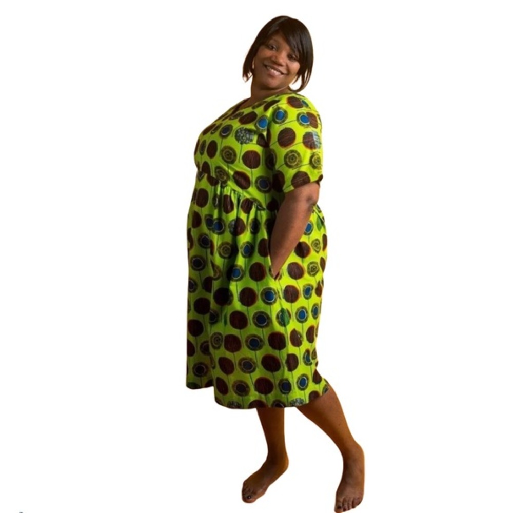 Dress Size 1X African Print Pockets Below Knee Cotton Bright Green Pattern